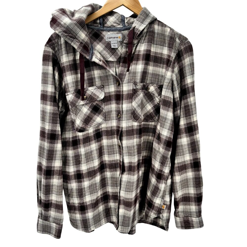 Carhartt Hooded Plaid Flannel Shirt Jacket in White and Brown